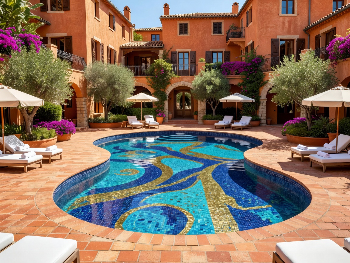 Central courtyard mosaic swimming pool surrounded by terracotta facades at Hôtel Byblos Saint-Tropez
