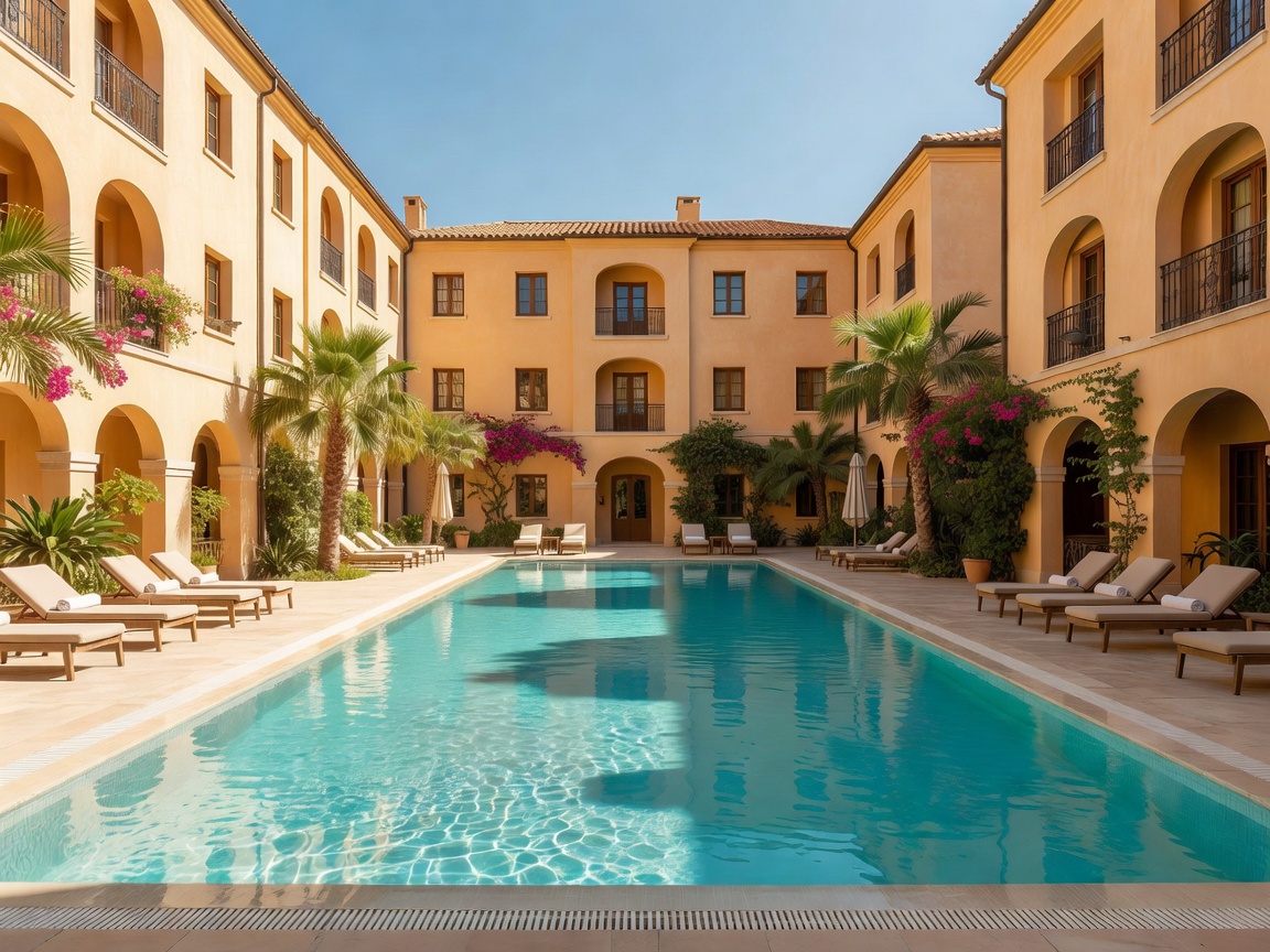 Central courtyard swimming pool surrounded by pastel ochre buildings at Hotel Byblos