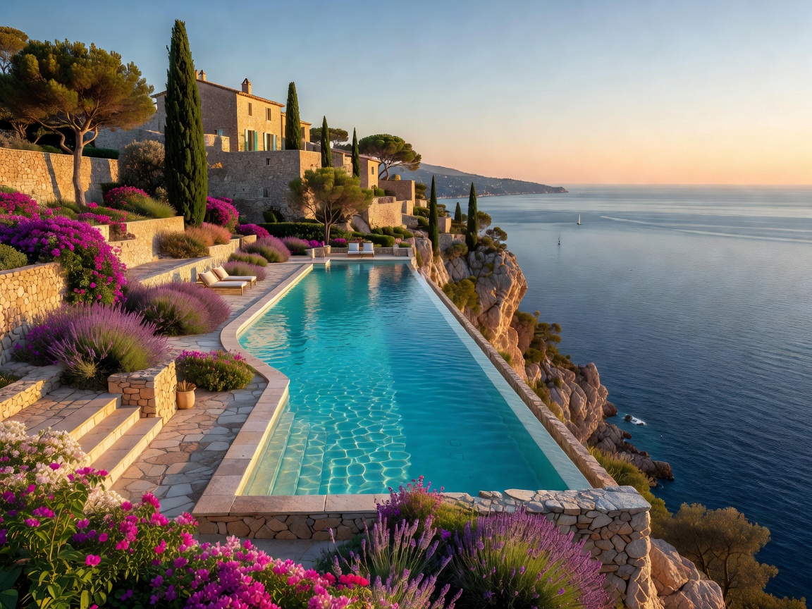 Cliffside terraced swimming pool overlooking the Mediterranean at Château de la Chèvre d'Or in Eze