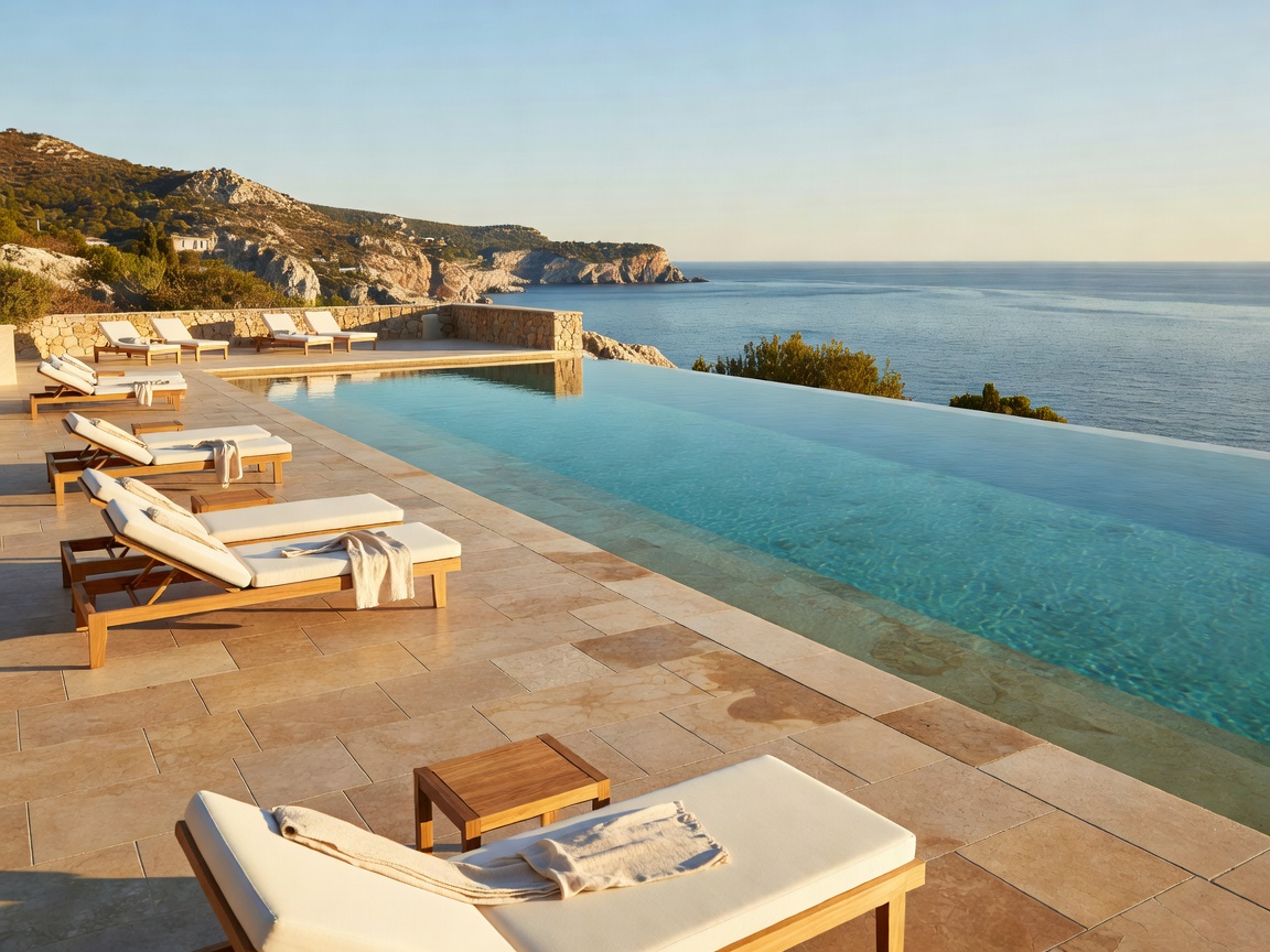 Detailed view of the travertine sunbathing deck and saltwater infinity pool at Eden-Roc