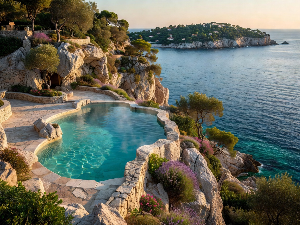 Heated terraced pool perched high on the limestone cliff of Eze overlooking Cap Ferrat