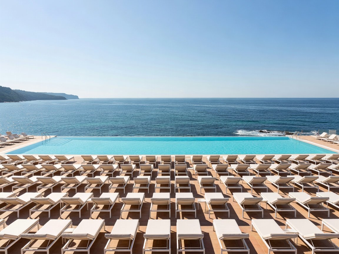 Panoramic view of Club Dauphin 33m seawater pool with sun loungers facing the Mediterranean