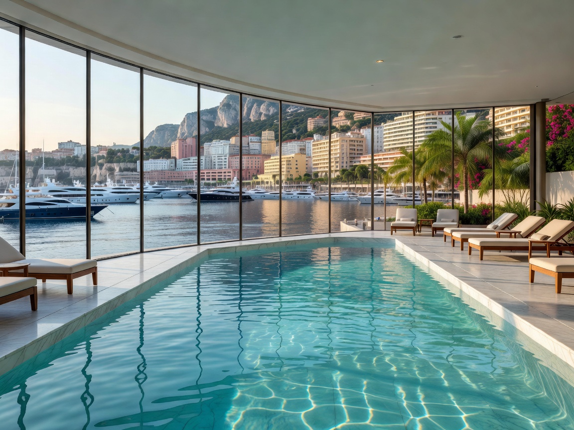 Thermes Marins heated seawater pool with panoramic glass walls overlooking Monaco harbor